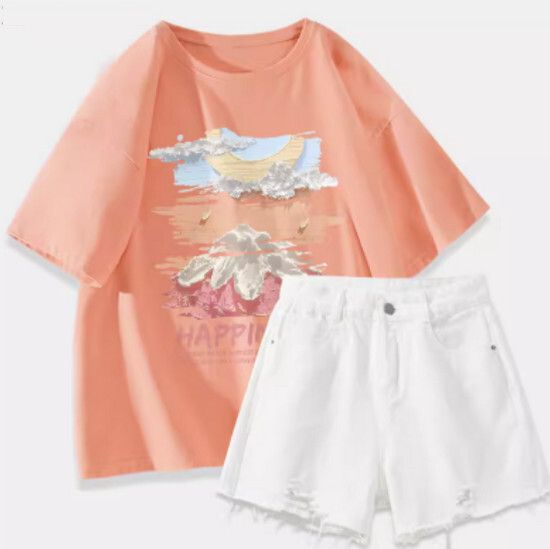 t恤+牛仔短褲【橘粉色（大油畫夢境）+白褲】【S-2XL碼】（下單後請聯絡客服確認發貨尺碼）#K011002455