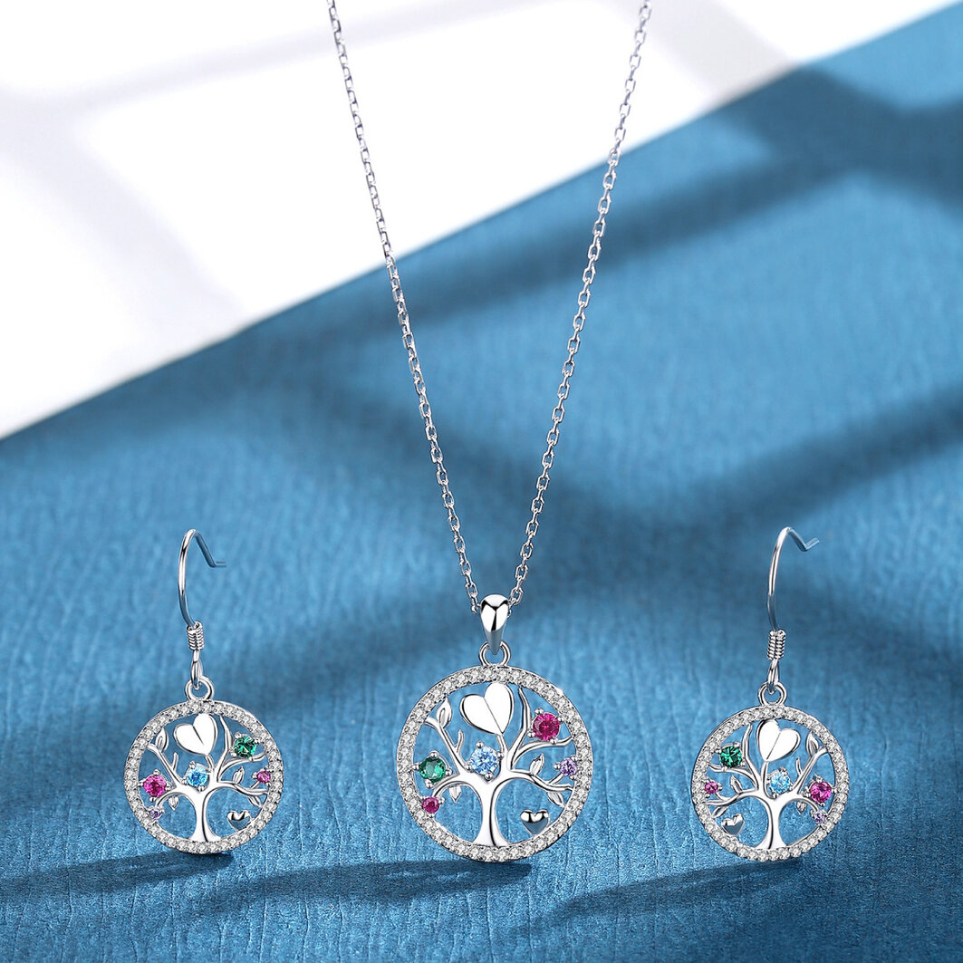 （Silver）925 Sterling Bright Zircon Tree of Life Necklace+Earrings Stud Set Female Clavicle Chain