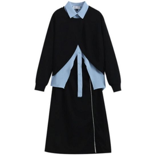 衛衣+襯衫+半身裙套裝【黑配藍色】【L-4XL碼】（下單後請聯絡客服確認發貨尺碼）