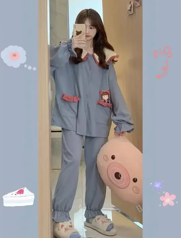 娃娃領長袖+長褲睡衣套裝（L-4XL）（下單後聯絡客服確認發貨尺碼）#F349001875