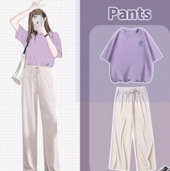 冰絲褲t恤兩件套【香芋紫（幽蘭胸標）+杏褲】【S-XL碼】（下單後請聯絡客服確認發貨尺碼）#K011002484