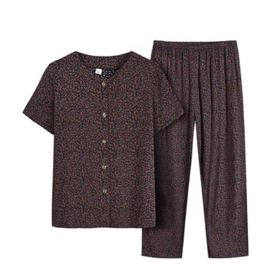 夏季中老年棉綢睡衣套裝（深咖小花）【尺碼：XL-4XL】【下單後聯絡客服確認發貨尺碼】F203013069