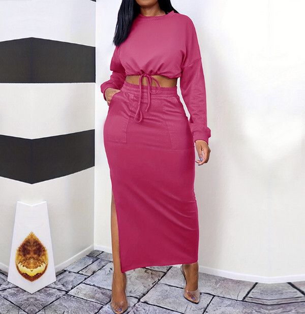 秋季長袖長裙套裙-露臍上衣開叉長裙-兩件套(玫紅色)(S-XL碼)(下單後聯絡客服確認尺碼)#F105035698