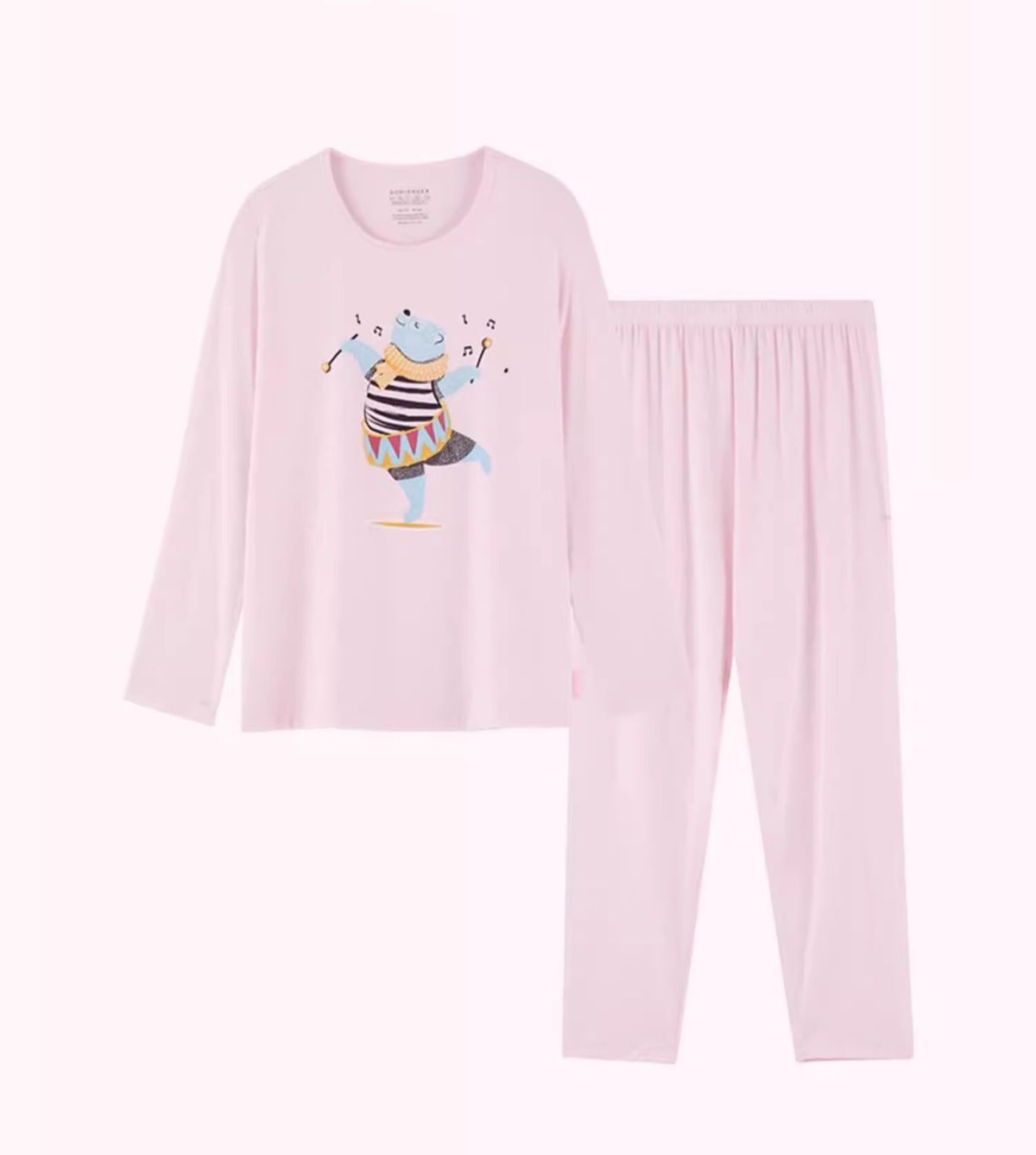 女童天然透氣柔軟莫代爾小熊印花長袖長褲睡衣套裝
