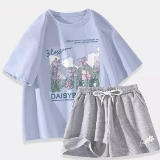 短袖t恤短褲兩件套【淺藍色（山間鳶尾）+麻灰褲】【S-XL碼】（下單後請聯絡客服確認發貨尺碼）#K011002601