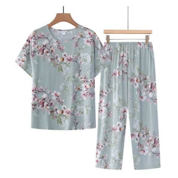 夏季中老年棉麻套裝（淺綠梅花）【尺碼：XL-4XL】【下單後聯絡客服確認發貨尺碼】F203013124