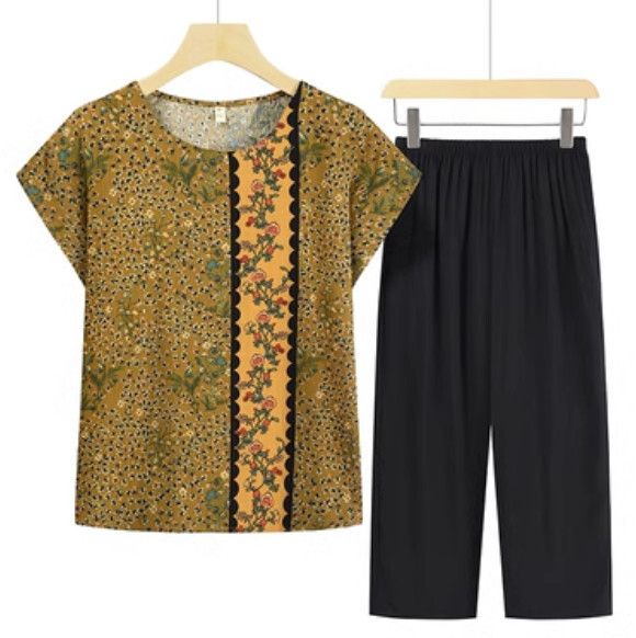 夏季中老年綿綢套裝（綠色）【尺碼：XL-5XL】【下單後聯絡客服確認發貨尺碼】F203013177