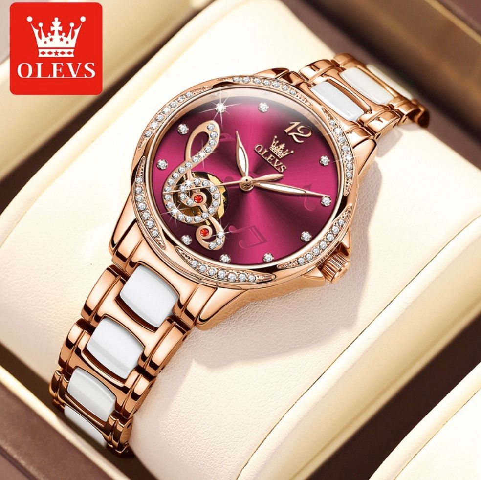 歐利時全自動機械錶女士手錶(陶瓷帶玫殼酒紅色面女）#S057029142