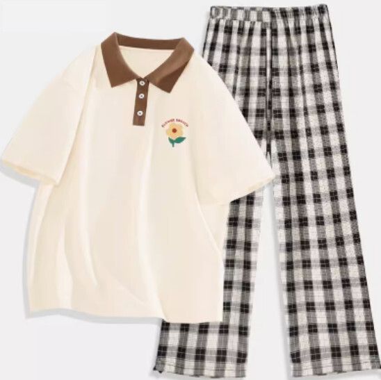 polo領短袖t恤兩件套【奶白色（五瓣花）+黑白褲】【S-2XL碼】（下單後請聯絡客服確認發貨尺碼）#K011002594