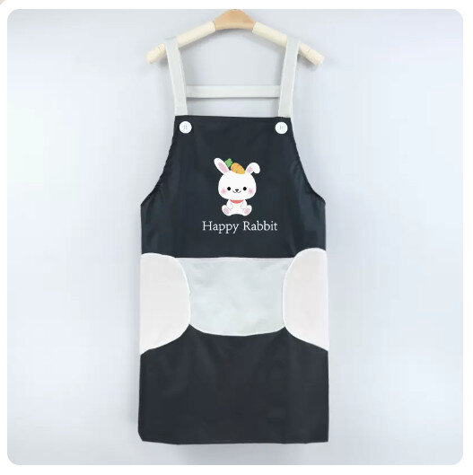 廚房防水防油圍裙【可擦手-小兔子-黑色（H肩帶款）】#N38_081_053