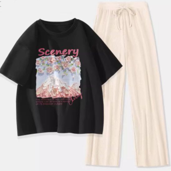 短袖冰絲褲兩件裝【黑色（富士櫻花）+杏褲】【S-XL碼】（下單後請聯絡客服確認發貨尺碼）#K011002686