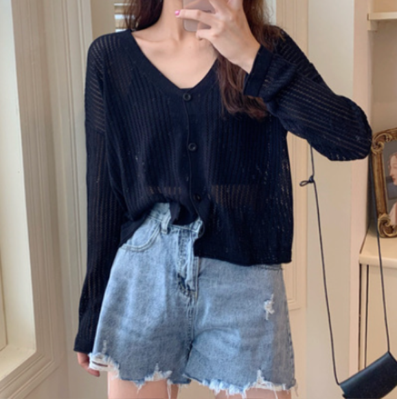 寬松鏤空純色v領針織長袖防曬開衫（黑色）（均碼) #F080017486