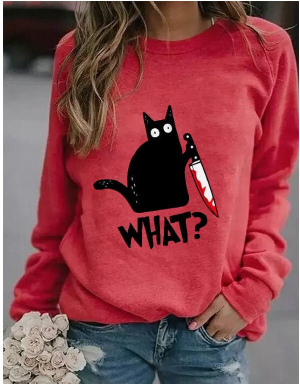 寬松款圓領女裝-黑貓圖案印花衛衣(紅色)(S-XXXL碼) (下單後聯絡客服確認尺碼) #M105035258