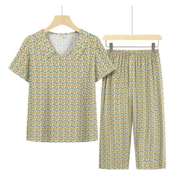 夏季中老年民族風兩件套套裝（杏綠色貝殼）【尺碼：XL-4XL】【下單後聯絡客服確認發貨尺碼】F203013201