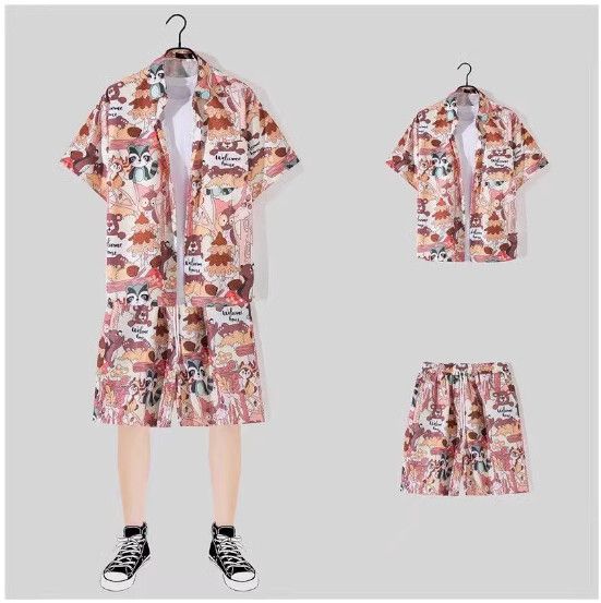 男士沙灘裝冰絲短袖花襯衫套裝【1153粉色 一套】(尺碼：M-3XL）【下單後請聯絡客服確認發貨尺碼】#S158036020