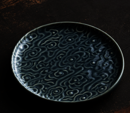 中式陶瓷茶點盤(觀禪祥雲圓盤大號-霽藍)(尺寸:長21CM*高2CM)#N164_017_091