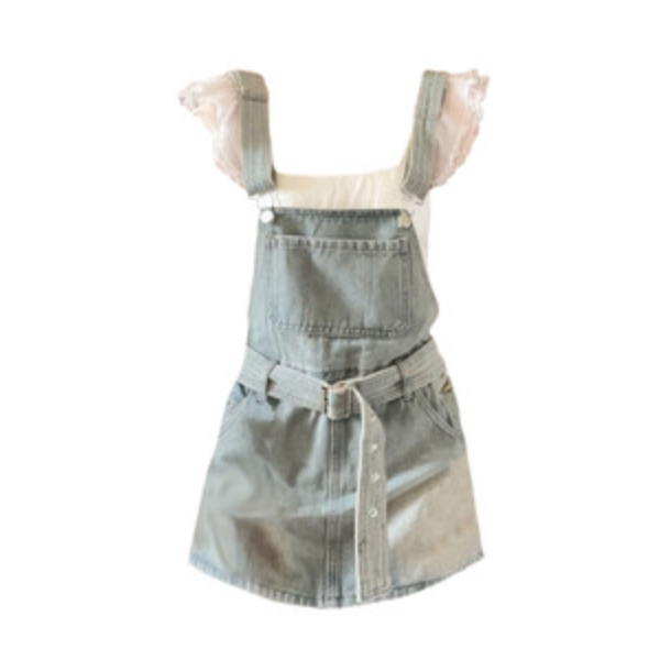 牛仔背帶裙套装（上衣+牛仔背帶裙）（尺碼：XS-M）（下單後聯絡客服確認發貨尺碼）#F354_001_024