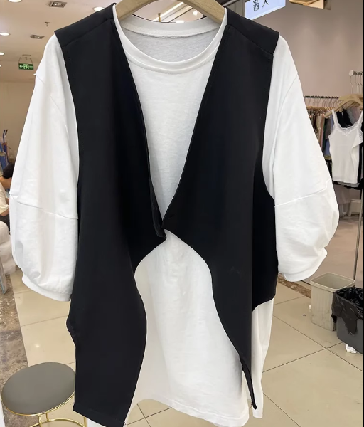 五分袖T恤+馬甲套裝（白色M-4XL）（下單後聯絡客服確認發貨尺碼）#F349001372