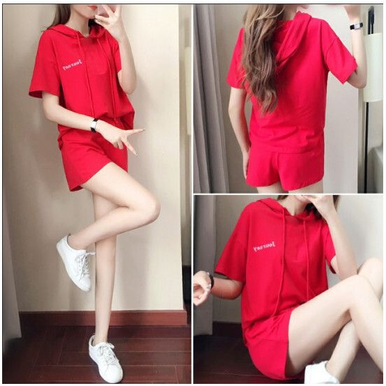 寬鬆連帽短袖短褲時尚兩件套【紅色】 (尺碼：M-XXL碼) (下單後聯繫客服確認發貨尺碼)#F158027425