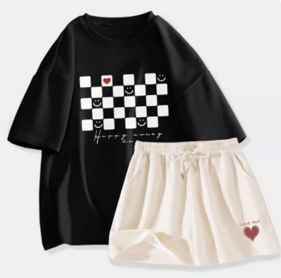 運動兩件套【黑色（棋盤心）+奶白褲】【S-XL碼】（下單後請聯絡客服確認發貨尺碼）#K011002027