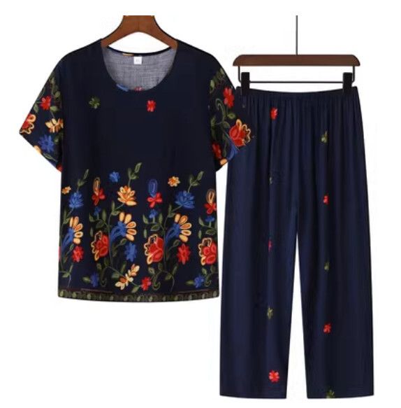 夏季中老年綿綢休閒套裝（藏青色）【尺碼：XL-5XL】【下單後聯絡客服確認發貨尺碼】F203013110