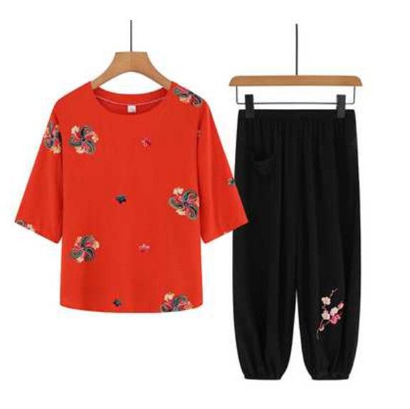 夏季中老年套裝（橘紅套裝）【尺碼：XL-4XL】【下單後聯絡客服確認發貨尺碼】F203013314
