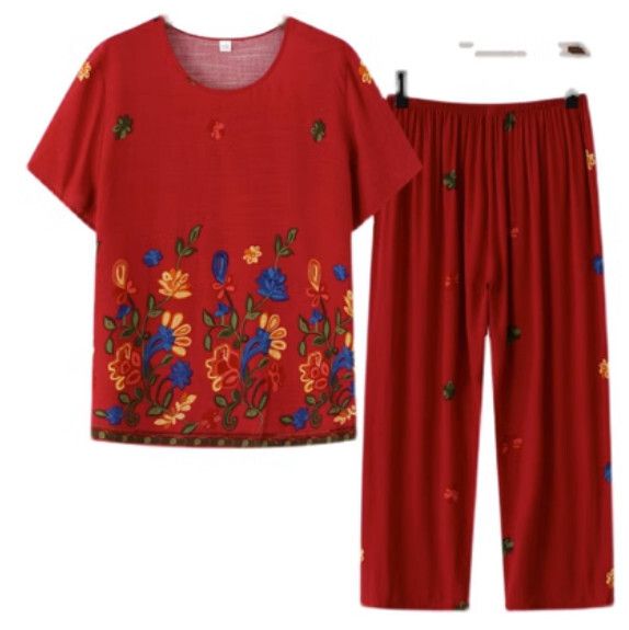 夏季中老年綿綢休閒套裝（棗紅色）【尺碼：XL-5XL】【下單後聯絡客服確認發貨尺碼】F203013112