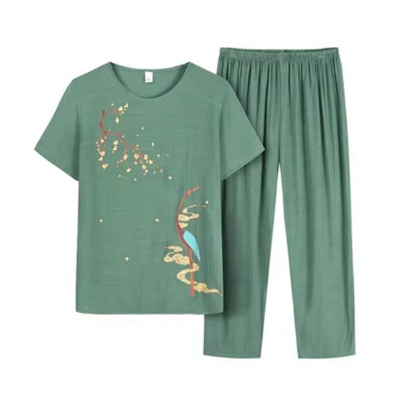 夏季中老年純棉麻套裝（【千鶴】綠色）【尺碼：XL-4XL】【下單後聯絡客服確認發貨尺碼】F203013032