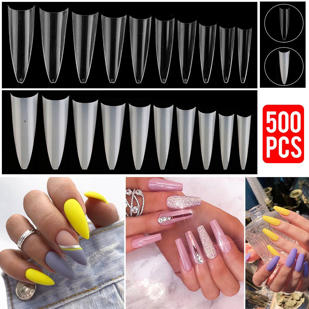 500 Pcs Fake French Nail Tips Natural  Stiletto False Gel Pointy Art Acrylic