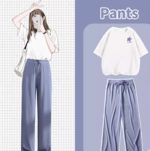 冰絲褲t恤兩件套【白色（幽蘭胸標）+藍褲】【S-XL碼】（下單後請聯絡客服確認發貨尺碼）#K011002486
