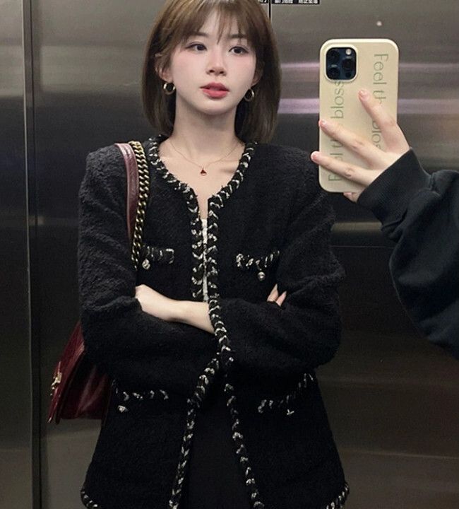 法式復古粗花呢小香風外套（黑色片珠黑）（尺碼：S/M/L/XL）（下單後聯絡客服確認發貨尺碼）#S002078075