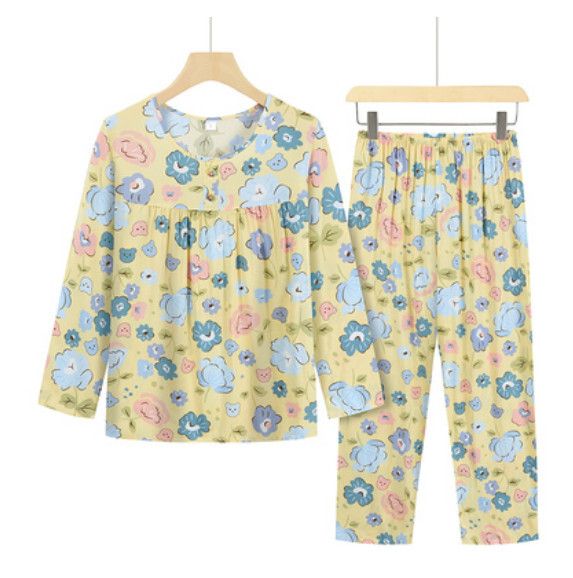 夏季中老年長袖套裝（黃底花朵雲）【尺碼：L-2XL】【下單後聯絡客服確認發貨尺碼】F203013204