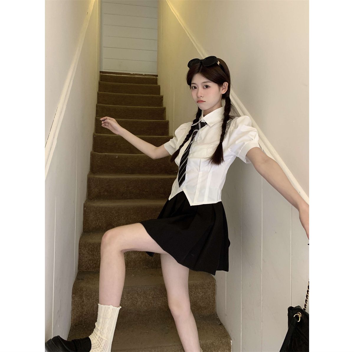 女士短袖襯衫套裝(顏色:白色)(尺碼:S-XL)(下單後聯絡客服確認發貨尺碼)#F252001038