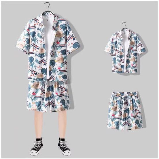 男士沙灘裝冰絲短袖花襯衫套裝【2103白色 一套】(尺碼：M-3XL）【下單後請聯絡客服確認發貨尺碼】#S158036025