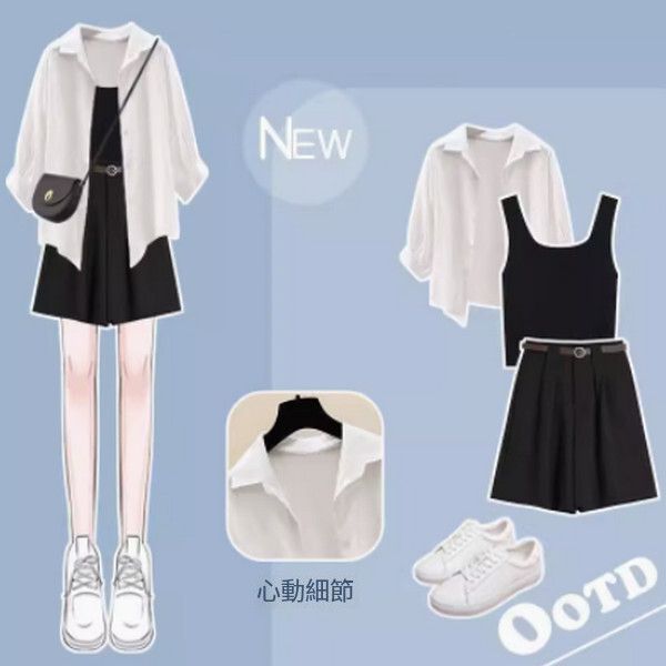 休閒夏装三件套（黑色背心+白色襯衫+黑色短褲S-2XL）（下單後聯絡客服確認發貨尺碼）#F350001053