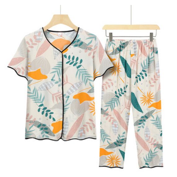 夏季中老年套裝（藕色大花）【尺碼：XL-4XL】【下單後聯絡客服確認發貨尺碼】F203013193
