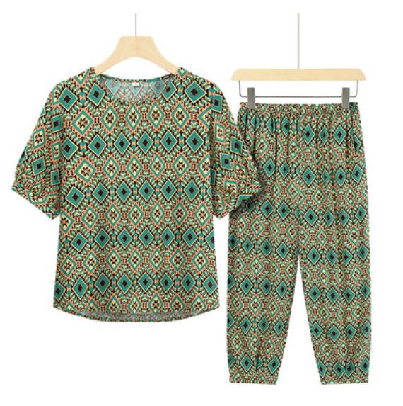 夏季中老年兩件套套裝（綠寶石格子）【尺碼：XL-3XL】【下單後聯絡客服確認發貨尺碼】F203013147