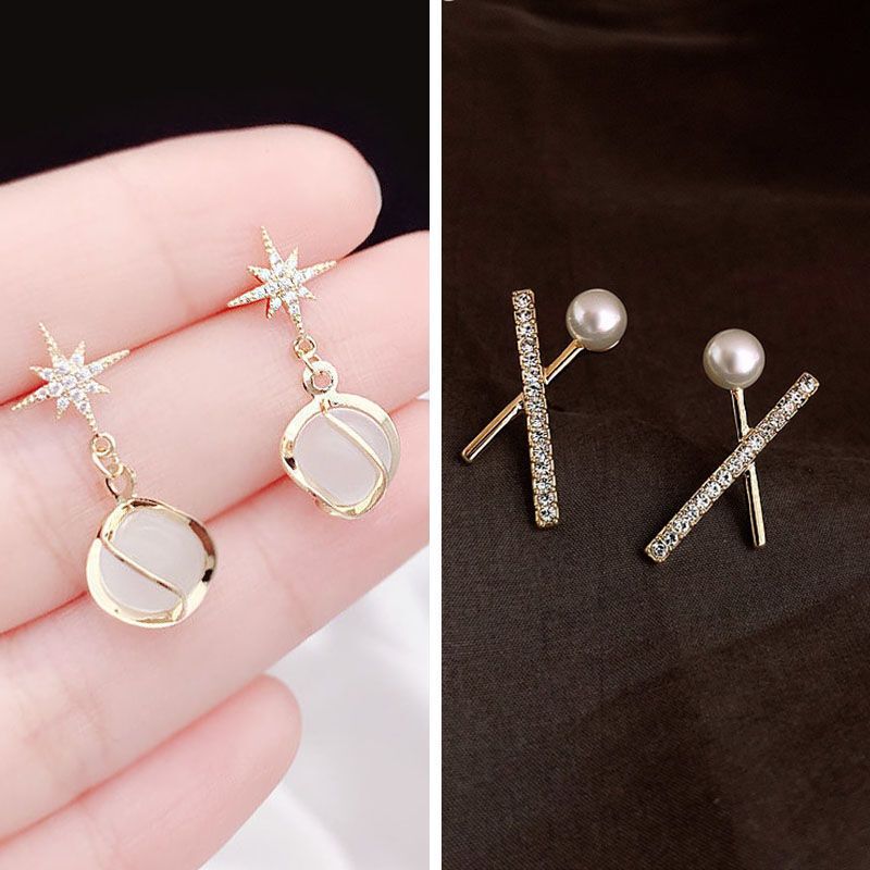 【2對裝】氣質簡約耳環 高級感耳飾(芒星貓眼耳釘+水鑽珍珠交叉 銀針）#F001104482