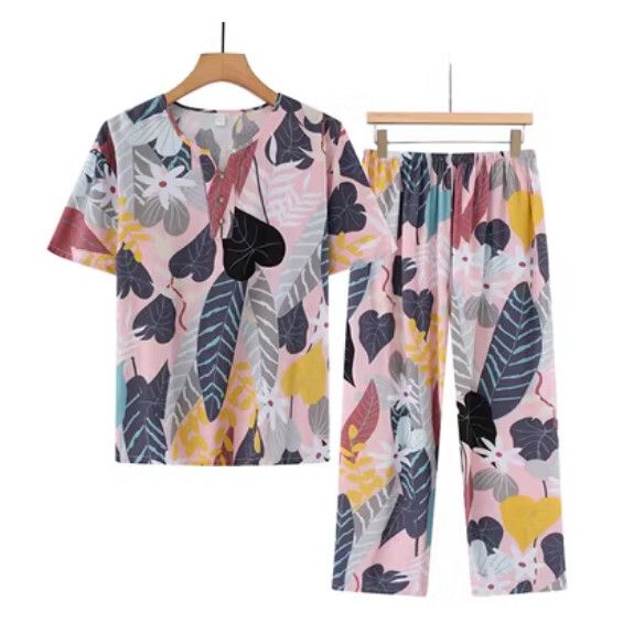 夏季中老年綿綢套裝（粉色葉子）【尺碼：XL-4XL】【下單後聯絡客服確認發貨尺碼】F203013237