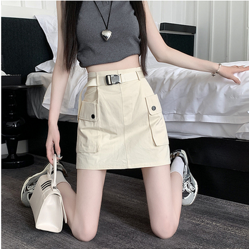 高腰半身裙+腰帶【杏色】【S-XL碼】（下單後請聯絡客服確認發貨尺碼）#K0120011015