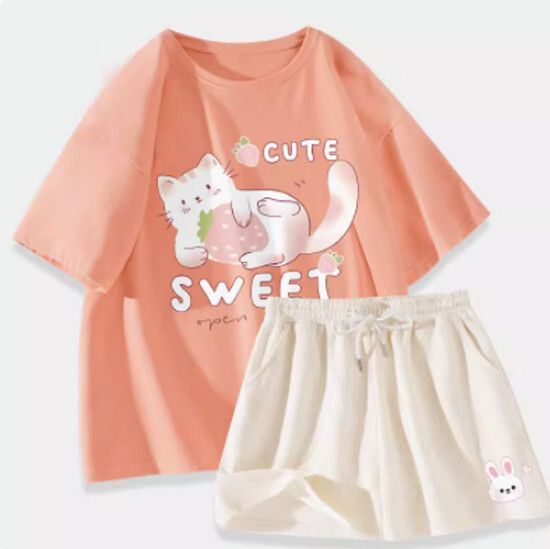 運動套裝【橘粉色（草莓貓）+奶白褲】【S-2XL碼】（下單後請聯絡客服確認發貨尺碼）#K011002061