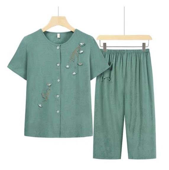 夏季中老年綿綢套裝（淺綠色）【尺碼：XL-4XL】【下單後聯絡客服確認發貨尺碼】F203013240