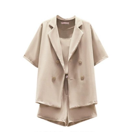 短褲吊帶小西服三件套【杏色】【L-4XL碼】（下單後請聯絡客服確認發貨尺碼）#K011004070