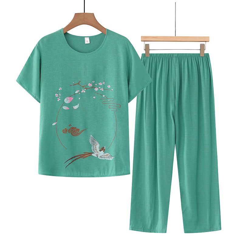 中老年媽媽短袖套裝(XL-4XL碼 綠色）【下單後請聯絡客服確認發貨尺碼】F001099454