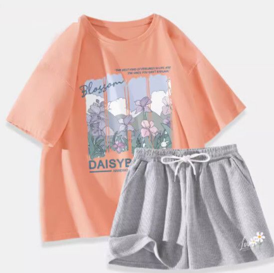 短袖t恤短褲兩件套【橘粉色（山間鳶尾）+麻灰褲】【S-XL碼】（下單後請聯絡客服確認發貨尺碼）#K011002599