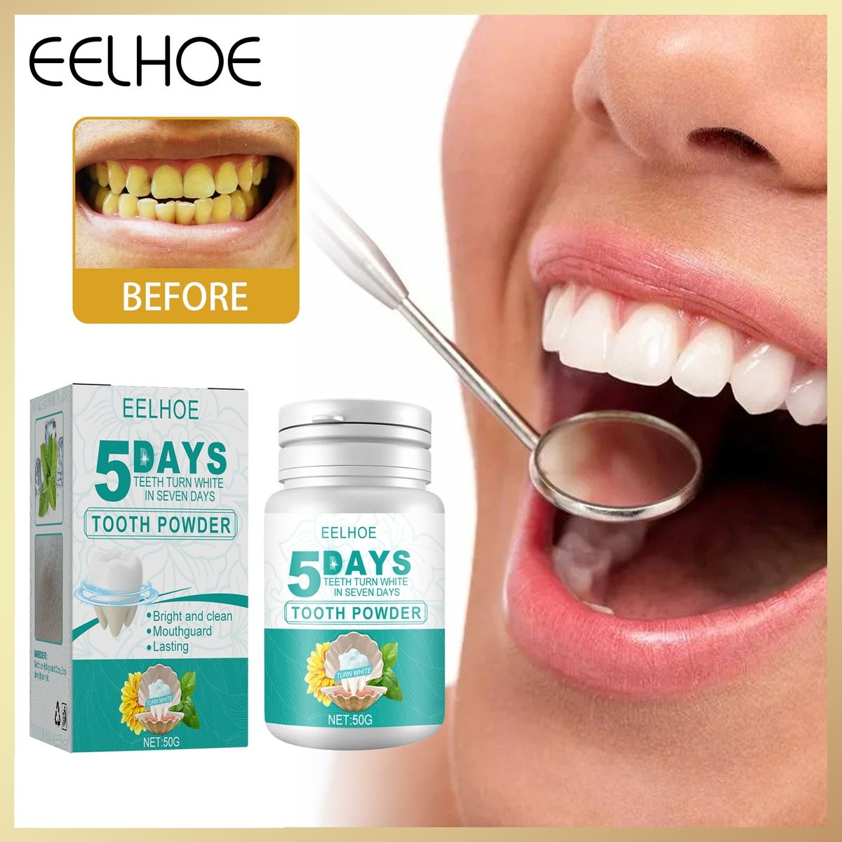 EELHOE 5DAYS美牙粉 牙齒去煙漬牙粉 淨白牙齒清潔粉 除煙垢牙垢粉 去漬美白牙粉 口腔清潔牙粉 潔淨牙斑洗牙粉 去除口臭牙粉 清新口氣牙粉 牙齦修護潔牙粉 速效美白牙粉丨牙齒護理 牙齒美白