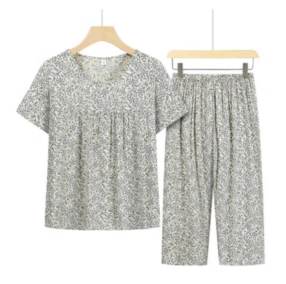 夏季中老年綿綢套裝（杏色鈴鐺花）【尺碼：XL-4XL】【下單後聯絡客服確認發貨尺碼】F203013265