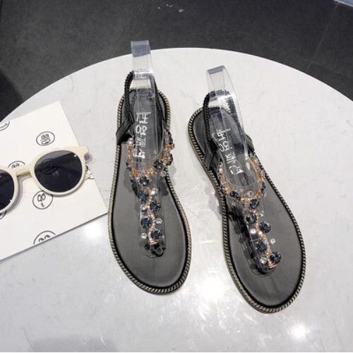 水鑽人字夾腳涼鞋（黑色35-40碼）（下單后聯繫客服確認發貨尺碼）#F055002731