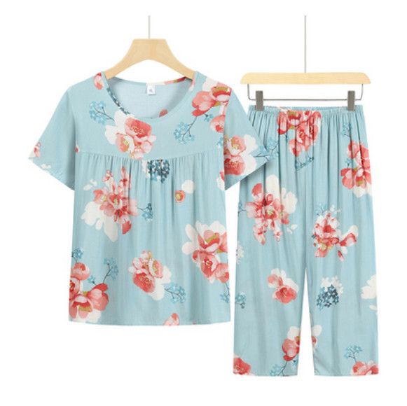 夏季中老年綿綢套裝（白藍牡丹花）【尺碼：XL-4XL】【下單後聯絡客服確認發貨尺碼】F203013258