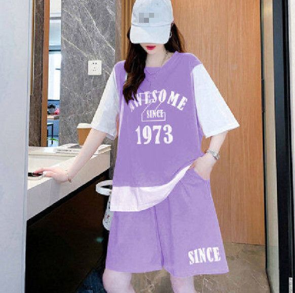 假兩件休閒運動服套裝【紫色】 (尺碼：M-4XL碼) (下單後聯繫客服確認發貨尺碼)#F158027292